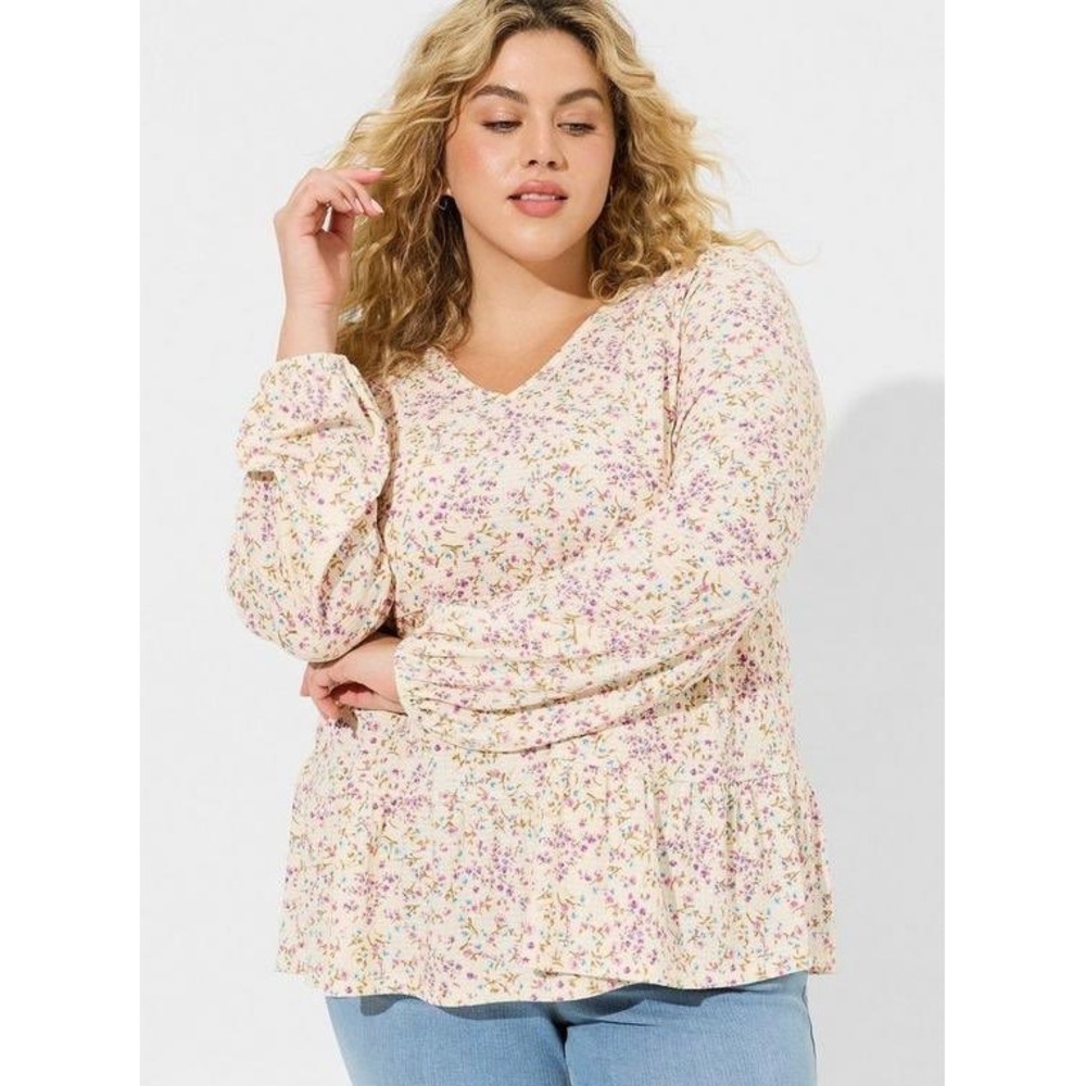 Torrid Floral Waffle Knit Peplum Top V-Neck Long Sleeve Purple Cream Plus 4 (4X)